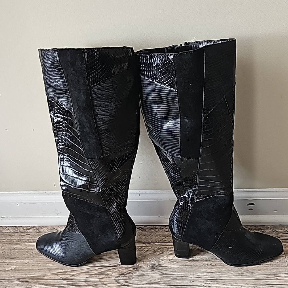 Women's Black Mixed-Texture Knee-High Heeled Boots
